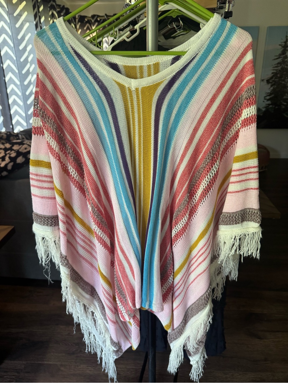 Cupshe Multicolor Striped Fringe Knit Coverup in Pink, Blue & Mustard